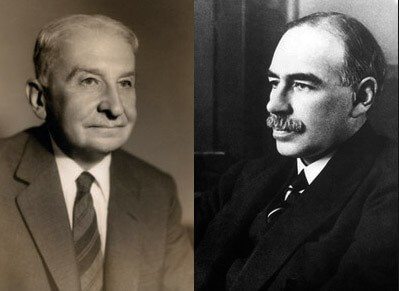 Ludwig von Mises (links) en John Maynard Keynes (rechts)
