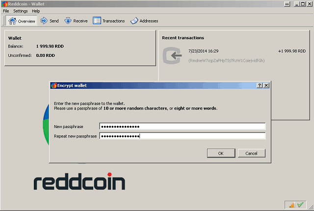 Skriv inn krypteringspassord for Old Reddcoin Wallet
