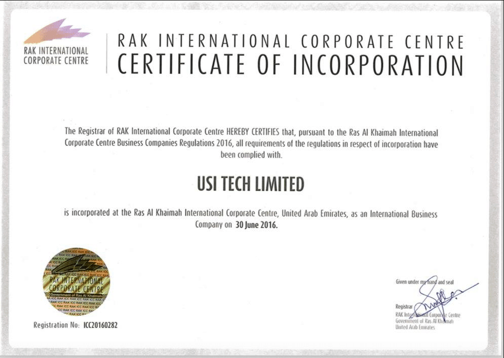 Registratie van USI Tech Company